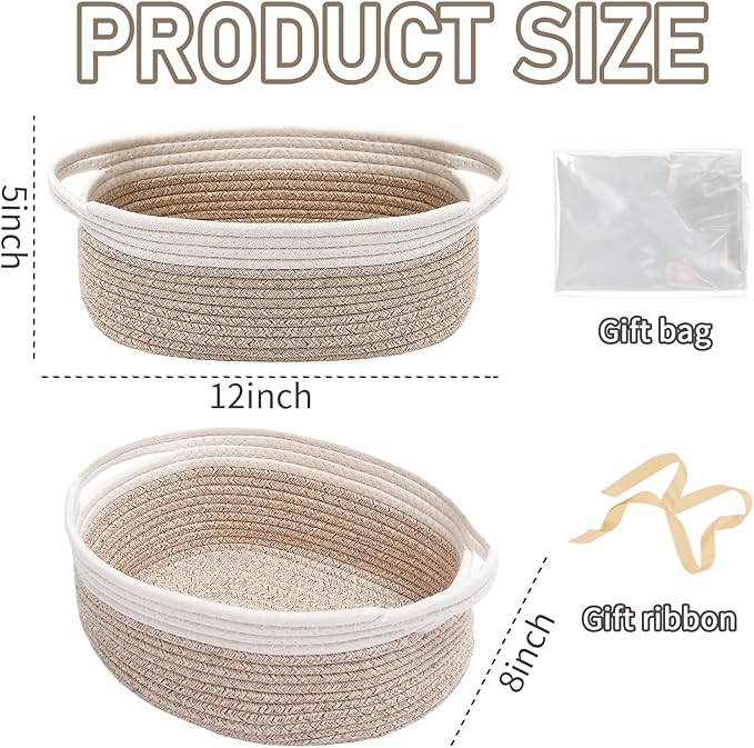 Woven Basket, Small Rope Storage Bin with Handles & Ribbon Bag, Organizer for Shelves Closets, Empty Gift Basket for Birthday, Books, Dog Toys, White & Oatmeal/3 Pack