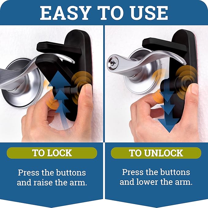 Door Lever Lock (4 Pack) Prevents Toddlers from Opening Doors. 3.25" L * 1.5" W * 4.5" H Easy One Hand Operation for Adults. Durable ABS with 3M Adhesive Backing. Simple Install (Black)