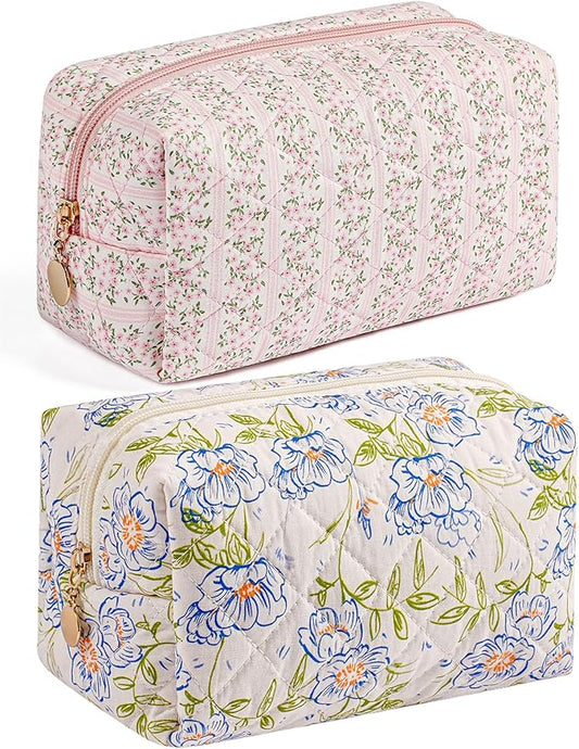 HHQQWZ Makeup Bag Travel Cosmetic Bag for Women Girls, Zipper Make Up Pouch, Floral Flowers Toiletry Organizer Makeup, Portable Storage Bag, Cosmetic Travel Cloth Bag (Pink+Large Blue Flowers)