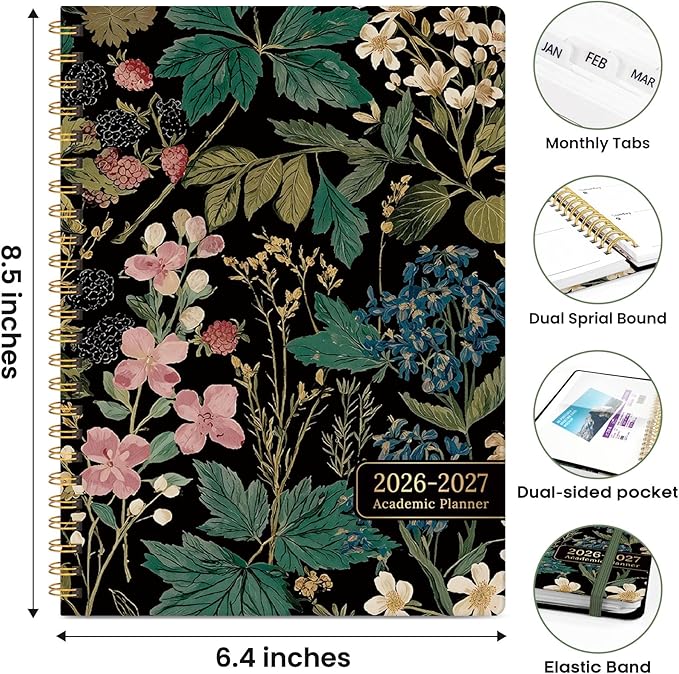 Academic Planner 2026-2027, Weekly and Monthly Calendar Book, July 2026 – June 2027, Hardcover Planner with Tabs, Perfect for Teachers, Students, Women & Men, A5 (6.4" x 8.5") - Forest Botanica