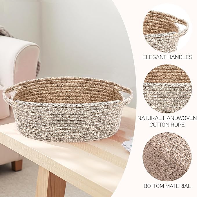 Woven Basket, Small Rope Storage Bin with Handles & Ribbon Bag, Organizer for Shelves Closets, Empty Gift Basket for Birthday, Books, Dog Toys, Oatmeal
