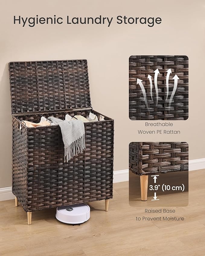 SONGMICS Laundry Hamper with Lid, 42 Gal. (160 L) PE Rattan Laundry Basket with Lid and Handles, Natural Material, Removable Machine Washable Liner, Chestnut Brown ULCB223ME01