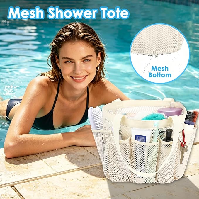 Fammart Mesh Shower Caddy Portable for College Dorm Room Essentials, 8-Pocket Large Shower Basket Tote Bag with 2 Handles for Toiletry, Bathroom, Beach, Camp, Gym