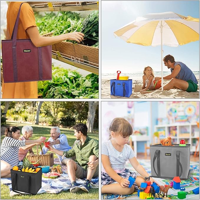 BALEINE 3-Pack Reusable Grocery Bags, Foldable Shopping Bags for Groceries with Reinforced Bottom & Handles (Gray)
