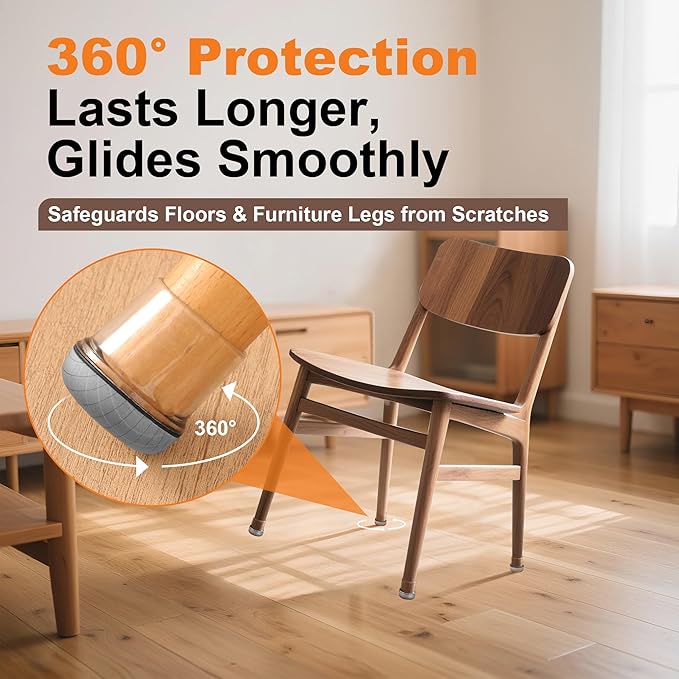 Chair Leg Floor Protectors for Hardwood Floors – Smooth Nylon Base Won’t Trap Cat or Dog Hair, Clear Silicone Caps No Scratch & Silent on Carpet & Tile (16 Pack, Fits 1/2" to 3/4")