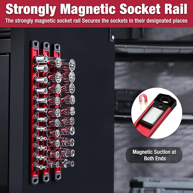 WORKPRO Magnetic Socket Organizer, 1/4-Inch Drive Aluminum Alloy Socket Rail, Heavy Duty Socket Holder, Socket Rack Kit 1/4-Inch x 12 Clips (Red)
