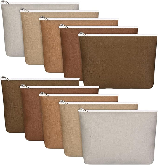 Reginary 10 Pcs Valentines Canvas Makeup Bags Bulk for Women Travel Toiletry Cosmetics Bags Blank DIY Pencil Pouch, Gift for Valentines Patrick's Day Wedding Bridal Shower Coworker(Brown)