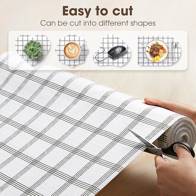 Drawer and Shelf Liner, Non-Slip Kitchen Cabinet Liners Non-Adhesive Thick Strong Grip Waterproof Washable Mats Protect Dresser Shelves Cupboard Bathroom Cabinets, White Stripes, 12 in X 20 FT