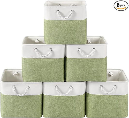 VQRTEXA 13 x 13 Inch Cube Storage Bins, 6 Pack Fabric Storage Basket with Handles, Foldable Boxes Organizer for Shelf Baskets for Home, Clothes (White/Green)