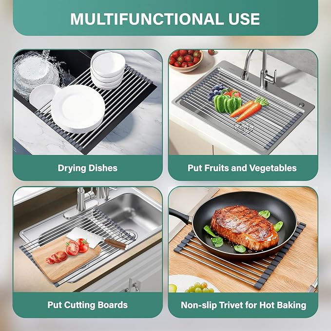 Extra Large Expandable Roll Up Dish Drying Rack, 22.8 x 17.3 in with Expandable Storage Basket Over The Sink Rolling Dish Drainer, Foldable Sink Dish Drainer for Kitchen Counter