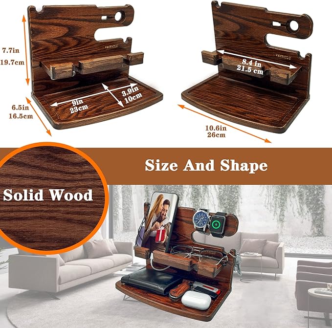 Gifts for Men from Wife Nightstand Organizer for Men Wood Phone Docking Station, Gift Ideas for Father's Day, Christmas, and Valentine's Day (Brown)