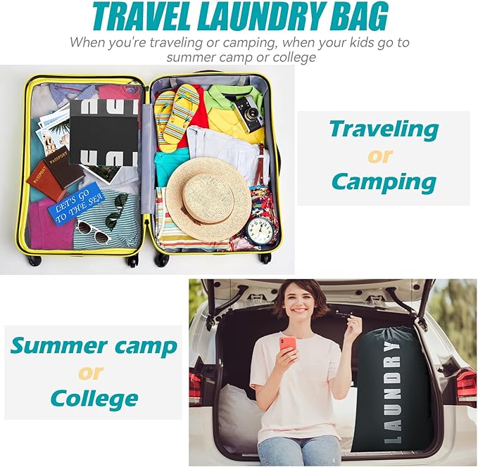 Isink Laundry Bag,2 Pack Travel Laundry Bags for Dirty Clothes,Large Laundry Bags for Camping & Traveling,Dirty Clothes Travel Bag,24" x 36" (Black+ Gray)