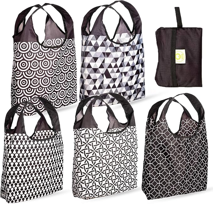 O-WITZ Reusable Grocery Bags | Vibrant Tote Bag For Groceries, Gym, Office, Beach & More | Washable Design With Large Handles For Maximum Convenience | Folds Into Small Pouch, 5 Pack, Black and White