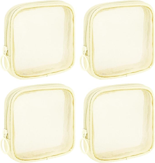 4 Pieces Mini Zipper Nylon Mesh Pouch, Mesh Cosmetic Bags Makeup Bags, Multipurpose Travel Toiletry Bags for Office Supplies and Travel Accessories (Beige, S)