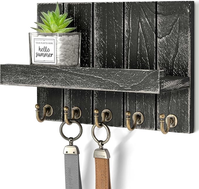 Rebee Vision Pine Wood Key Holder Wall Mount with Shelf – Farmhouse Key Holder for Wall & Sunglass Organizer for Entryway – Perfect for Living Room Decor (3.54" x 10" x 7.28", Old Black)