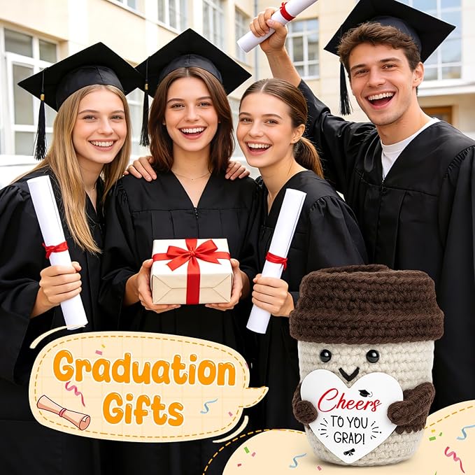Graduation Gifts for Her Him - Cheers To You Grad - Handmade Positive Crochet Coffee Mug Graduation Decoration College High School University Grad Academy Masters Congratulations Gifts for Friends