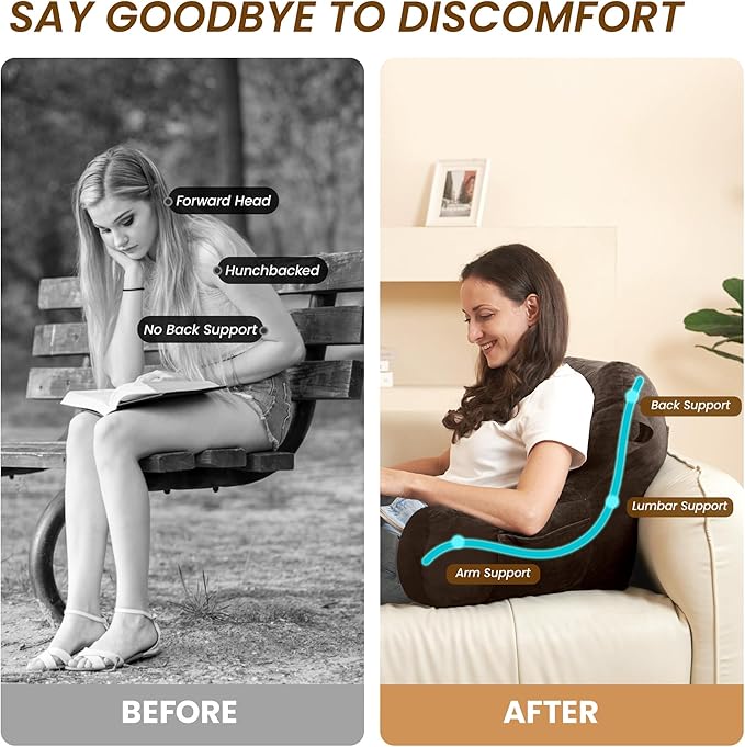 Portable Comfy Reading Pillows for Bed Sitting Up(Brown Oeko-Tex), Velvet Back Pillow with Arms & Pockets for Adults, Support Memory Foam Bed Pillow for Dorm/Reading/Watching/Gaming