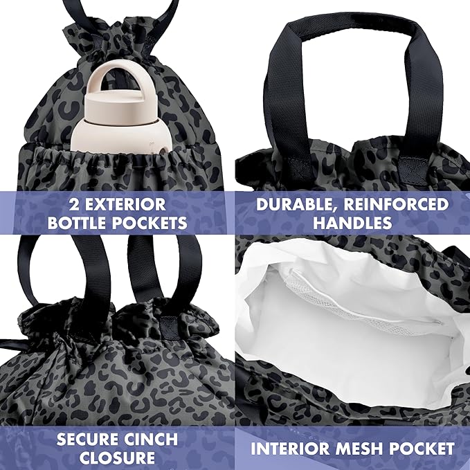 Fit & Fresh Cromwell Drawstring Lunch Bag for Women, Complete Lunch Set with 2 Containers, Stain-Resistant, Leak-Resistant, Back to School Essential, Teacher Lunchbox, Black Cheetah