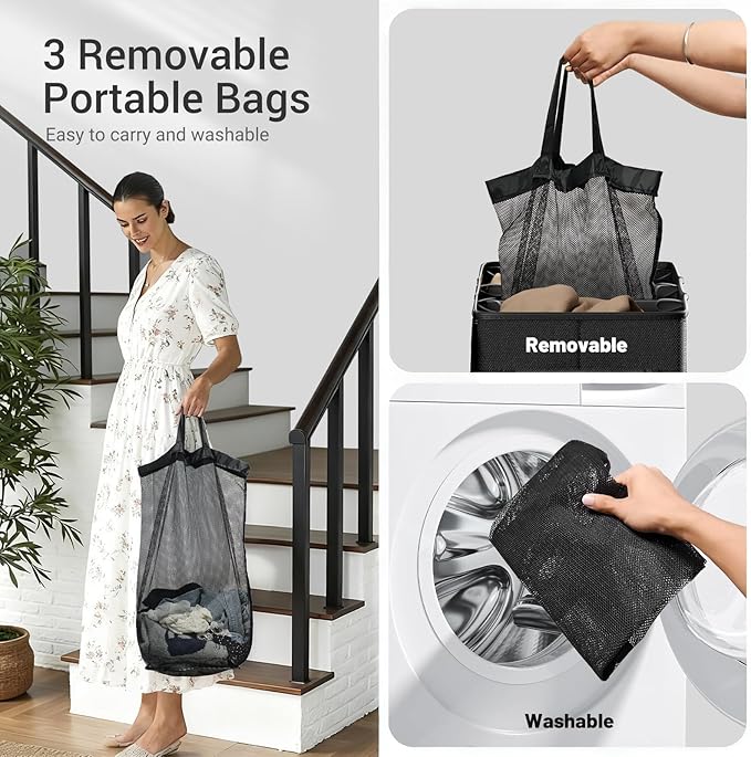 185L Laundry Hamper 3 Section with Lid, Khaki Large Laundry Basketr with 3 Removable Laundry Bags, Dirty Clothes Hamper for Bedroom, Laundry Room, Dorm