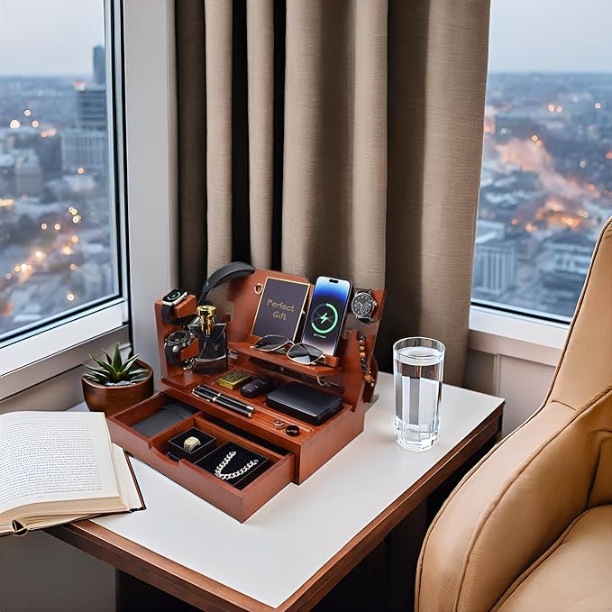 Nightstand Organizer for Men with Large Drawer, Birthday Gifts for Men, Phone Docking Station, Bedside Organizer for Nightstand for Apple Watch, Laptop (Walnut, Solid Wood)