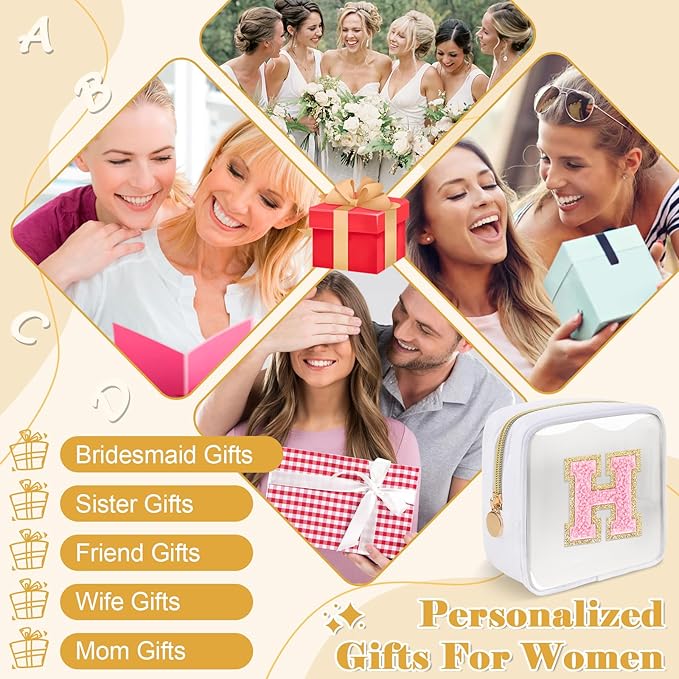Personalized Initial Letter Clear Preppy Makeup Bag,Mini Nylon Chenille Letter Cosmetic Bag Cute Zipper Pouch Purse for Teen Girls,Portable TSA Approved Beach Travel Essentials Bag Gift for Women,H