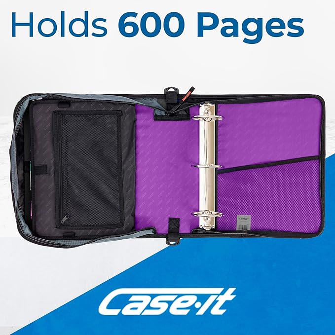 Case-it Mighty Zip Tab School Zipper Binder | 3-Inch O-Rings, 600-Sheet Capacity, 5-Subject Expanding File Folder, Multiple Pockets & Storage Organizer, Shoulder Strap | D-146 Deep Purple | 6 Pack