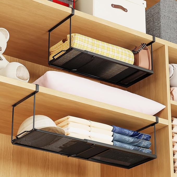 ROLIZOE 1 Pack Expandable Under Cabinet Shelf, Under Shelf Basket with 0.94 Inches Thick Clips for Kitchen Cupboard, Metal Hanging Under Desk Basket for Laundry Room, Cabinet, Shoe Rack