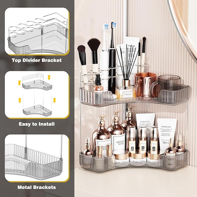 2-Tier Corner Bathroom Counter Organizer with Top Toothbrush Holders, Large Makeup Organizer Countertop with Brush Holder, Skincare Organizers Corner, Exquisite Vanity Organizer (Gray, 2 Tier)