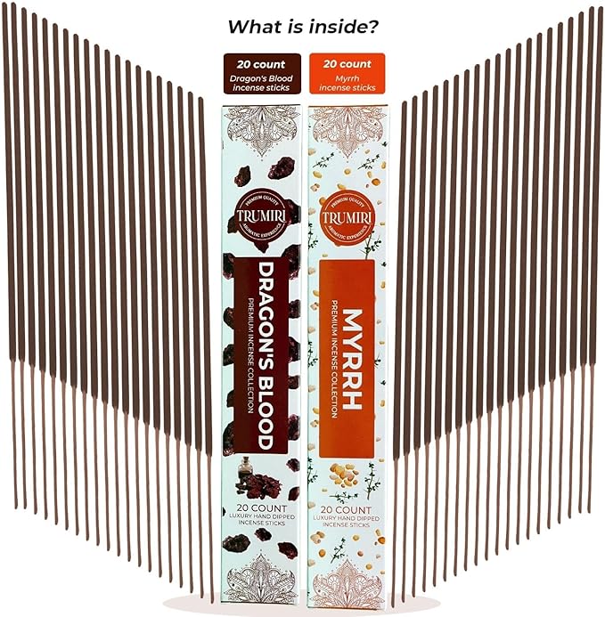 Trumiri Incense Sticks - Combo Pack of 40 Insence-Sticks - 20 Dragons Blood + 20 Myrrh - Insenses - Insents - Incents - Inscense - Incence - Incienso - All Natural Incense Sticks