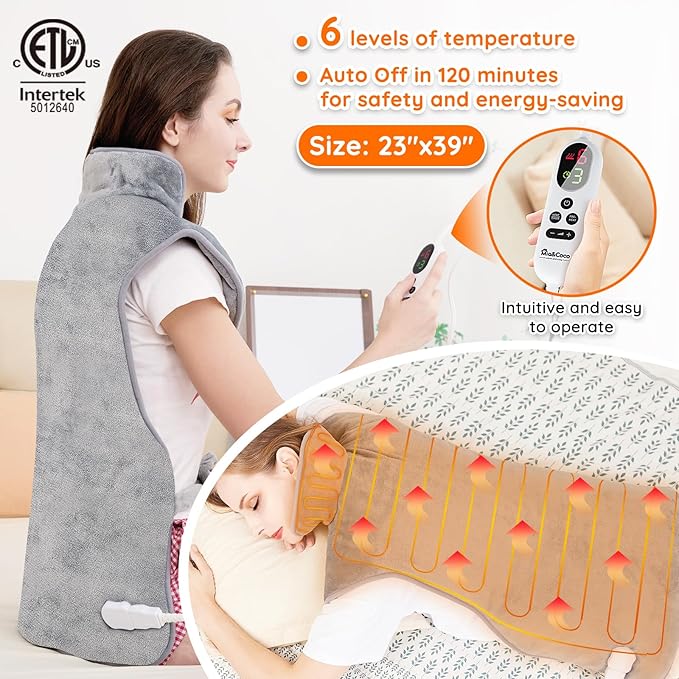 Mia&Coco Heating Pad for Neck Shoulders and Back, XL 23"x39" Soft Flannel Wrap, Waist Strap, Fast Heat Hot Therapy 6 Heat Settings, Auto-Off Timer, Machine Washable, Grey