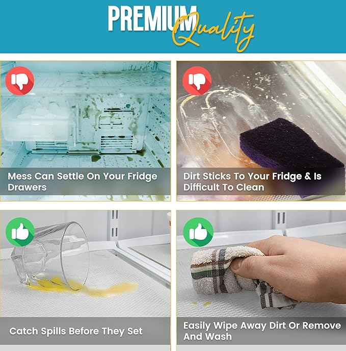 Refrigerator Liners for Shelves (12 Pack) by Linda’s Essentials - Non-Adhesive Shelf or Drawer Liner, BPA-Free Fridge Mats for Kitchen & Cabinets, Easy to Clean, Ideal Household Essentials (Clear)
