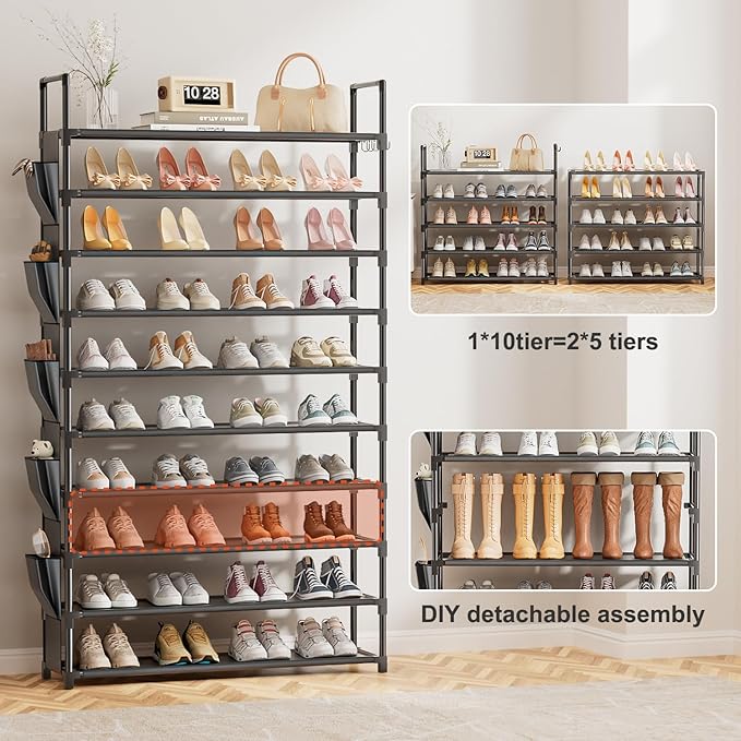 Tall Shoe Rack 10 Tier Shoe Racks Organizer for Closet 40-45Pairs,Large Capacity Storage Rack for Shoes with 5Hooks,Sturdy Metal Shoe Shelf, Vertical Shoe Stand Tower