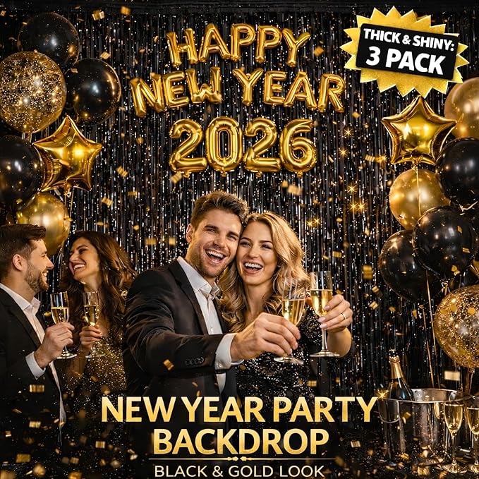 Foil Fringe Curtains New Year’s Eve Party Decorations - Melsan 3 Pack 3.2 x 8.2 ft Black Tinsel Curtain Photo Backdrop for Birthday Decorations Retirement Party Decorations Black