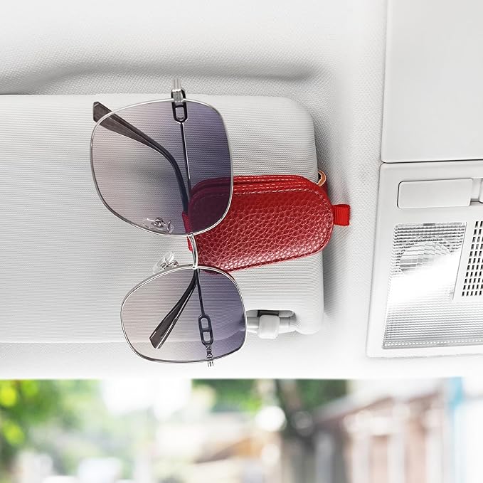 SINGARO Sunglasses Holder for Car, Leather Magnetic Buckle Sun Visor Sunglass Clip, Ticket Card Storage Glasses Clip, Car Interior Accessories for Men and Women (Red)