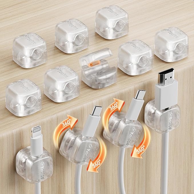 12Pack Rotatable Cord Organizer,Spring Cable Clips Desk Cable Management Cord Holder Adhesive Phone Charger Cord Clips for Home Office Car Wall Nightstand Accessories Clear