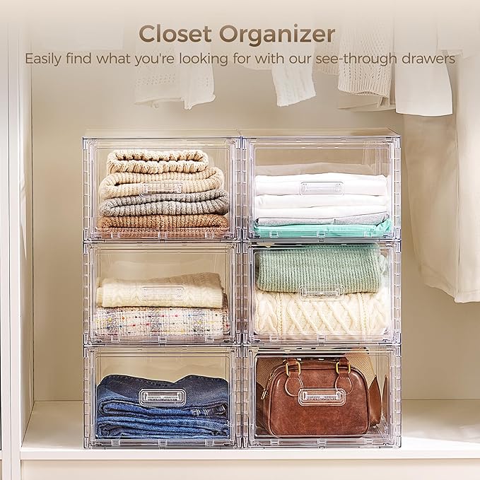 Vtopmart 3 Pack 18QT Clear Stackable Storage Drawers, Easily Assemble Closet Organizers, Plastic Storage Bins for Bathroom, Cabinet, Kitchen Pantry, Under Sink Organization (Medium)