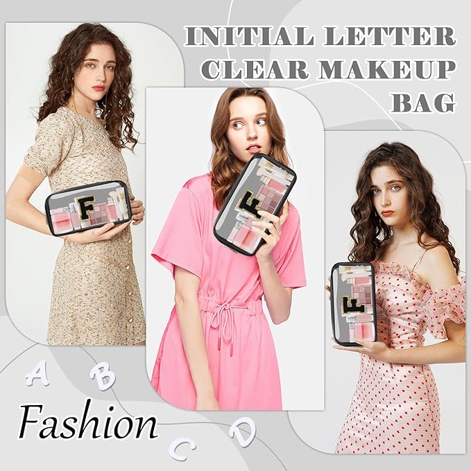 Personalized Initial Letter Clear Makeup Bag,Preppy Small Nylon&PVC Cosmetic Zipper Bag with Chenille Letter,Travel Skincare Toiletry Bag,Monogram Christmas Gift for Teen Girls Women,F