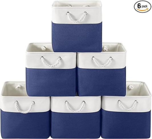 VQRTEXA 13 x 13 Inch Cube Storage Bins, 6 Pack Fabric Storage Basket with Handles, Foldable Boxes Organizer for Shelf Baskets for Home, Clothes (White/Blue)