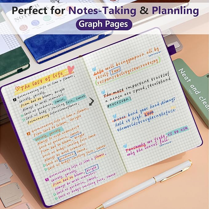 Graph Paper Notebook, 160 Pages Grid Journal for women & men, A5 Hardcover Leather Graphing Notebook for School, Work, Travel, Note Taking 5.9”x8.5” (Purple)