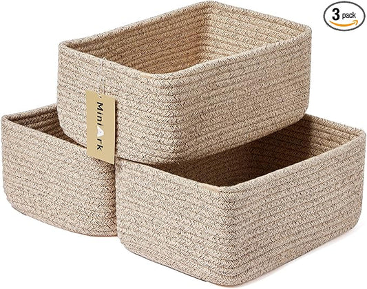 MiniArk Small Storage Baskets for Organizing | Closet Organizer Bins | Shelf Toy Basket | Woven Rope Baskets | Cube Decorative Box | Shallow Basket | 11.5x7.5x4.7” | 3 Packs Mixed Brown
