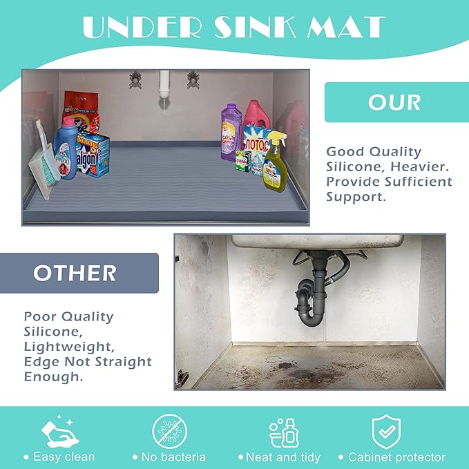 URMONA Waterproof Silicone Under Sink Mat 37'' x 22'' Shelf Liner for Kitchen and Bathroom, Cabinet and Counter Protector, Storage and Organizers, Litter Mat, Pet Cat Puppy Essentials(Dark Grey)