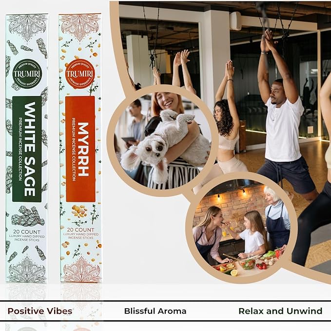 Trumiri Incense Sticks - Combo Pack of 40 Insence-Sticks - 20 White Sage + 20 Myrrh - Insenses - Insents - Incents - Inscense - Incence - Incienso - All Natural Incense Sticks