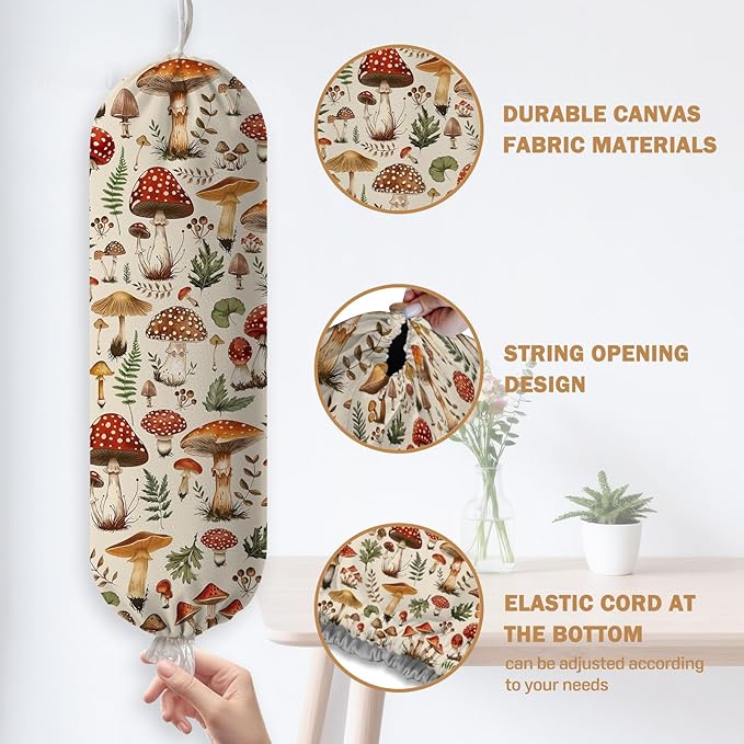 Plastic Bag Holder, Grocery Bag Organizer Storage, Kitchen Dispenser Holders Reusable Shopping with Adjustable Drawstring Closure for Kitchen Farmhouse Decor, Mushroom