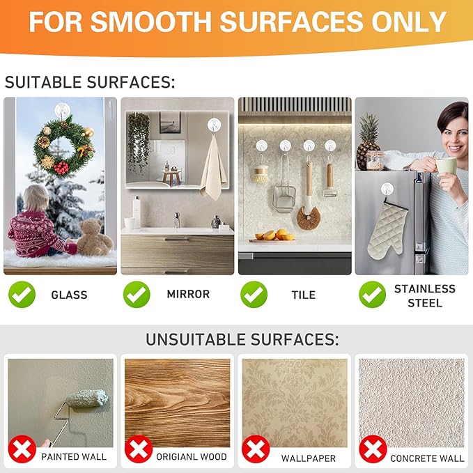 KORCCI Suction Cup Hooks 16Pack - Max Load 10LB, 1.77Inch Clear Medium Suction Cups, No Trace, Reusable & Removable, Stainless Steel Hooks, for Tile, Glass, Window, Shower, Kitchen, Bathroom