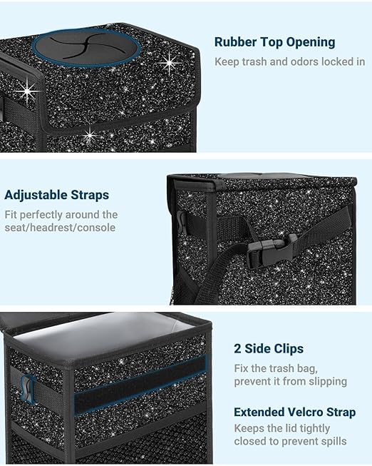 Capolo Car Trash Can with Lid, Leakproof Car Trash Bag Hanging Waterproof Automotive Garbage Can with Storage Pockets Mini Vehicle Trash Bin for Back/Front Seat (Sparkly Black, 3 Gallon)