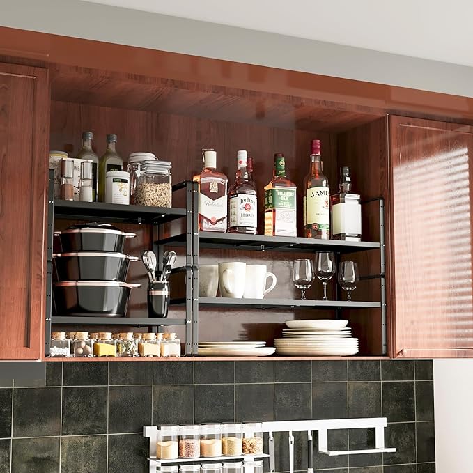 taiheis 16.5~27.1" Expandable Shelf Organizer, 1Pack 8.1" Wide Stackable Cabinet Shelf Organizers, Black Metal Sturdy Kitchen Counter Storage for Countertop, Adjustable Height Spice Rack