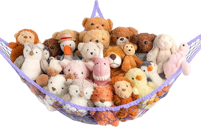 Stuffed Animal Storage Hammock Net Corner - Large Toy Hammock Net for Stuffed Animals Room Decor - Cute Stuff Animal Organizer Holder for Plush Plushie - Kids Baby Nursery Wall Bedroom Home Decor