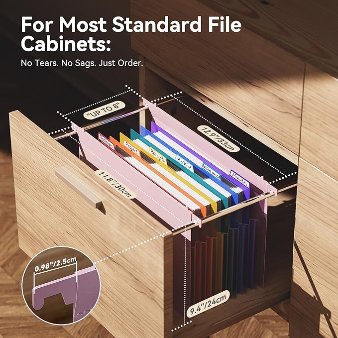 ThinkTex Plastic Expanding Hanging File Folders, 7 Innovative 1.2" Accordion Pockets, Large Capacity, Multi-Color Tabs, Letter Size for Filing Cabinet - Purple