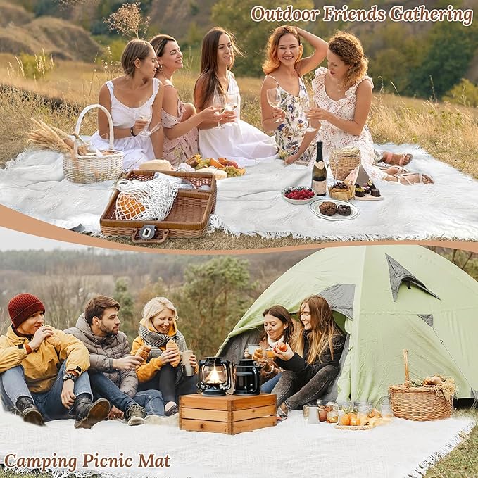 165 x 91 Extra Large White Outdoor Picnic Blanket, Woven Cotton Yarn Oversize Portable Blanket with Fringe for Camping, Lawn or Wedding Photoshoot. Indoor Bohemia Decorations, Machine Washable