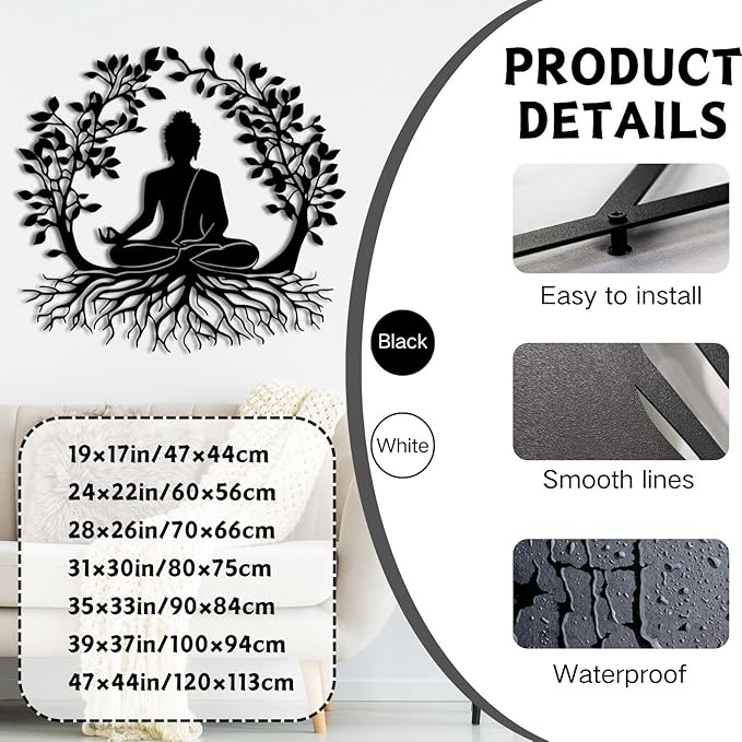 ENJOYOO Tree of Life and Buddha Metal Wall Decor, Tree of Life Wall Art, Buddha Metal Wall Art for Living Room, Bedroom, Outdoor (White, 31×30in/80×75cm, metal wall art)